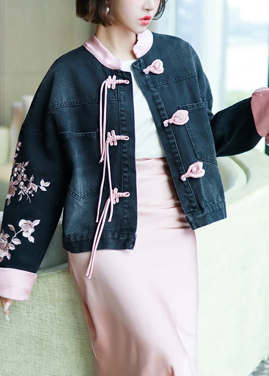 Customized Version New Black Embroidered Chinese Button Denim Coat Spring