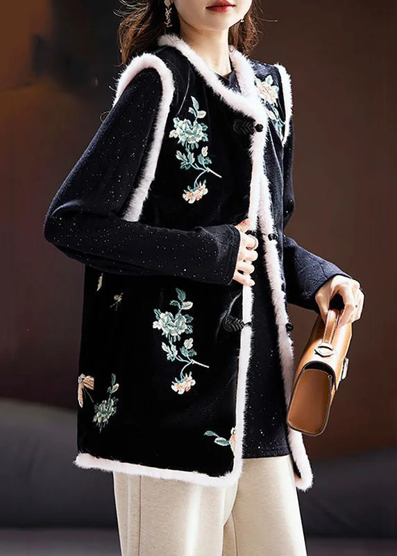 High-quality Fabrics New Black Fluffy Embroideried Button Cotton Filled Waistcoat Sleeveless