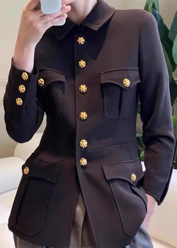 Elegant Wear New Black Peter Pan Collar Button Patchwork Cotton Coat Fall