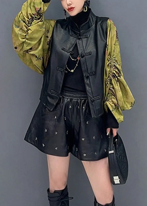 Comfortable Fashion New Black Print Wrinkled Faux Leather Patchwork Coat Fall
