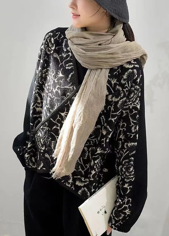 Perfect Tailoring New Black V Neck Jacquard Patchwork Woolen Coats Fall