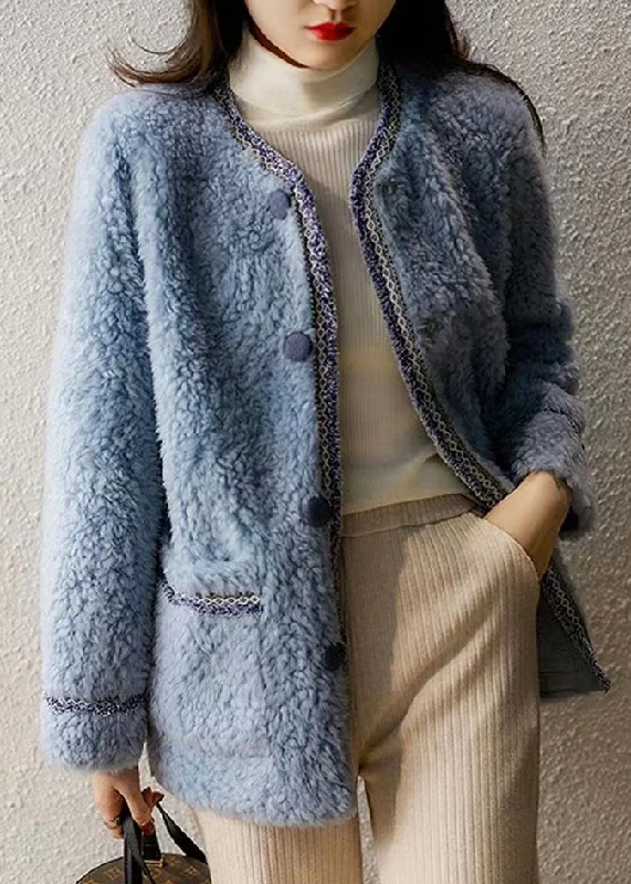 Bright Colors New Blue O Neck Pockets Button Patchwork Woolen Coat Winter