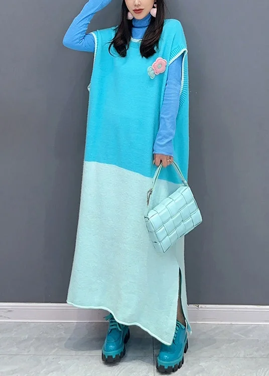 Goddess Style New Blue O Neck Side Open Patchwork Knit Waistcoat Dresses Sleeveless