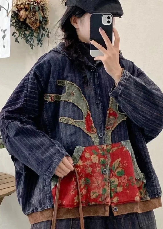 Sexy Fun New Blue Pockets Print Patchwork Denim Hooded Coat Fall