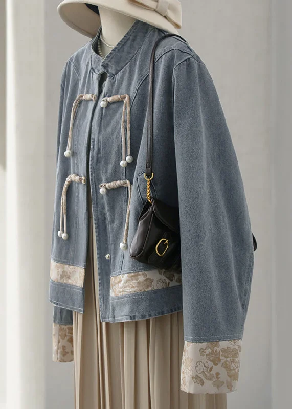 Knitted Design New Blue Stand Collar Button Patchwork Denim Coats Long Sleeve