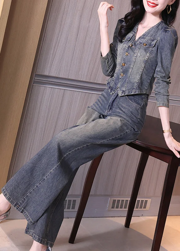 Street Fashion New Blue V Neck Coat And Wide Leg Pants Denim Two Piece Set Spring