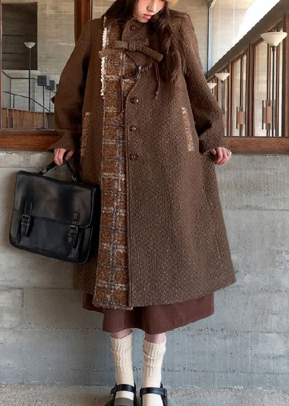 Dynamic Fashion New Brown Peter Pan Collar Pockets Patchwork Woolen Coat Winter