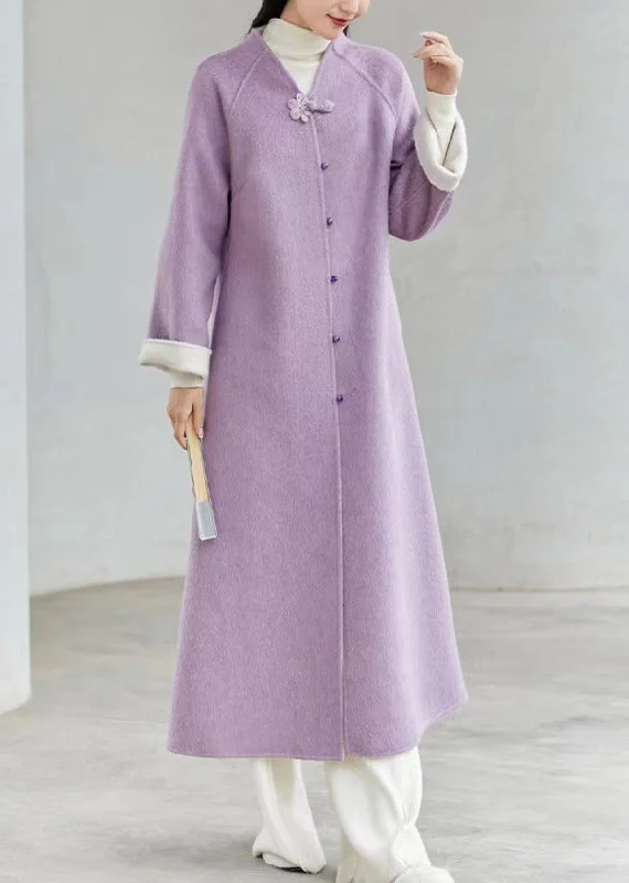 Casual And Comfortable New Chinese Style Purple V Neck Button Patchwork Loose Woolen Coats Winter