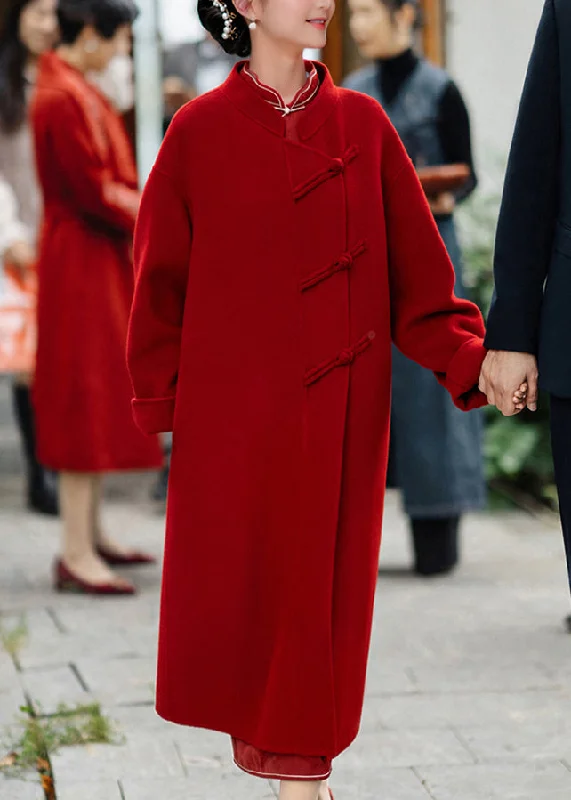 Youthful Street Fashion New Chinese Style Red Stand Collar Oriental Button Woolen Coat Autumn