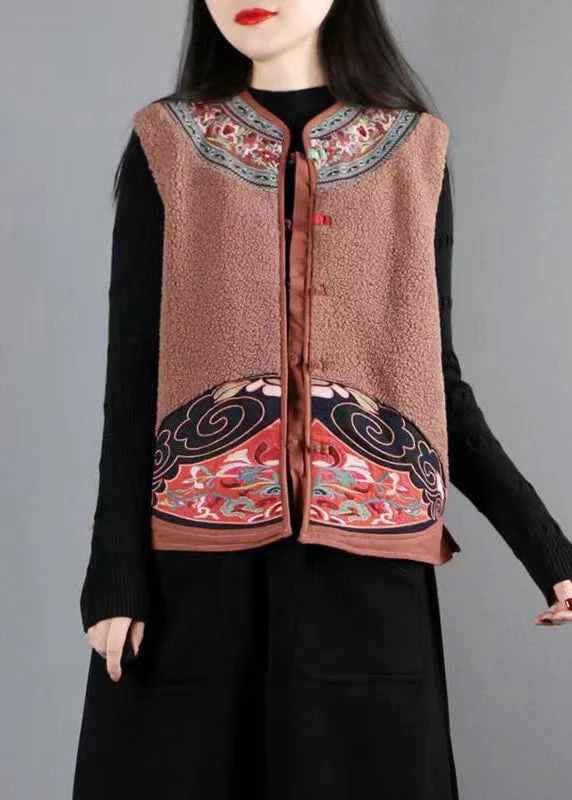 Simple Design New Coffee Embroideried Button Patchwork Teddy Faux Fur Waistcoat Fall