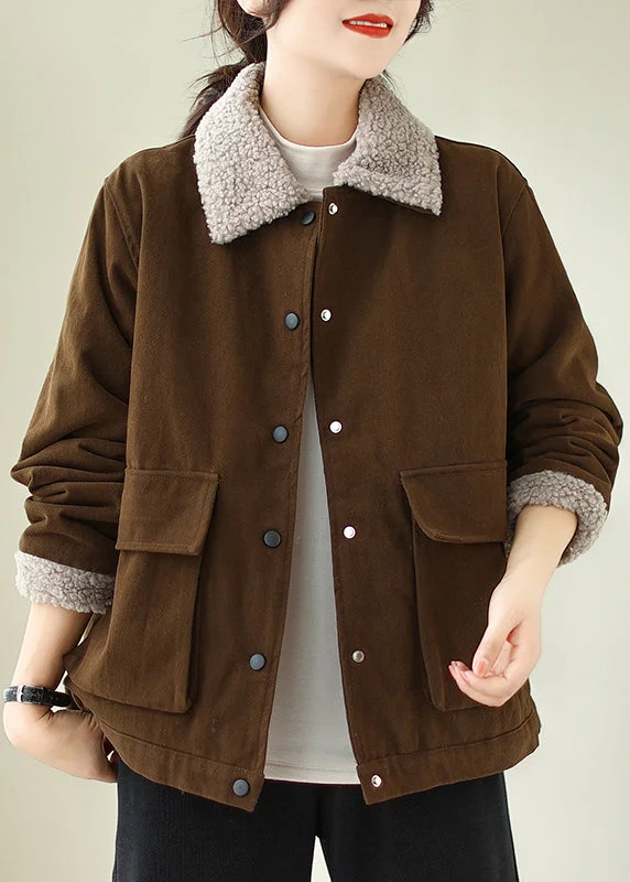 Avant-garde Design New Coffee Peter Pan Collar Pockets Fleece Wool Lined Jacket Winter
