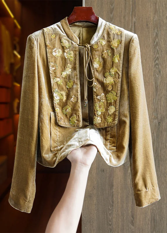 Comfortable Mind New Dark Yellow Sequins Lace Up Patchwork Silk Velour Coats Fall