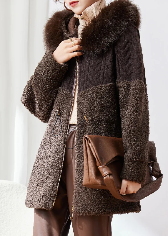Trendy Wear New Fashion Coffee Knitted Patchwork Faux Fur Thick Hooded Coats Winter