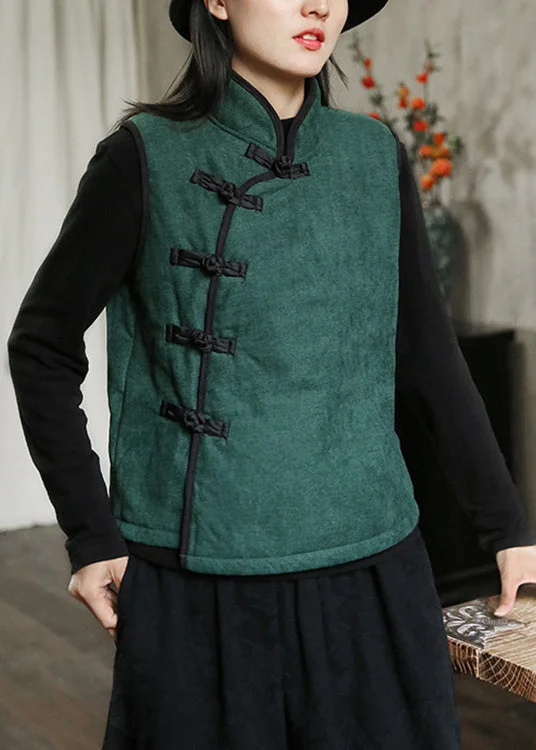 Cozy Apparel New Green Stand Collar Button Warm Fleece Waistcoat Sleeveless