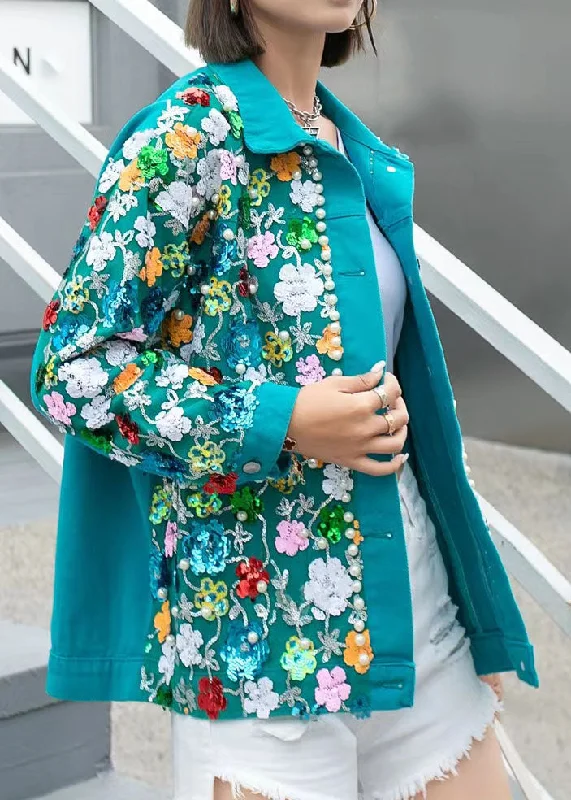 Casual Fit Wear New Green Zircon Nail Bead Sequins Floral Patchwork Denim Coat Spring