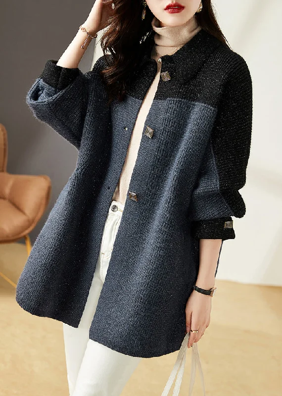 Cozy Pants New Grey Blue Button Pockets Patchwork Knit Coats Long Sleeve