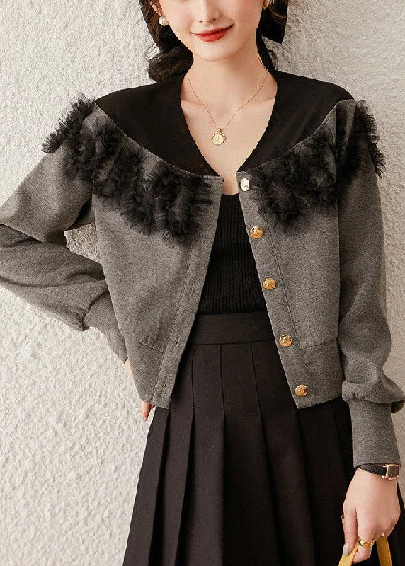 Simple Style New Grey Button Tulle Patchwork Cotton Coat Spring