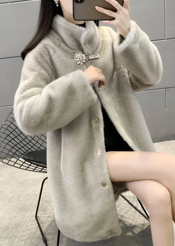 Soft Knitwear New Grey Stand Button Collar Patchwork Fuzzy Fur Fluffy Coats Winter