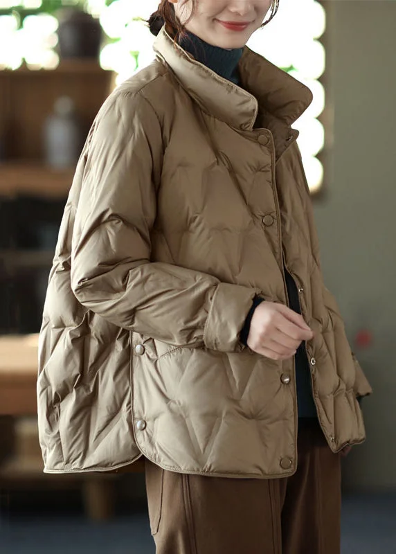Smart Comfort Wear New Khaki Stand Collar Button Pockets Duck Down Coat Long Sleeve