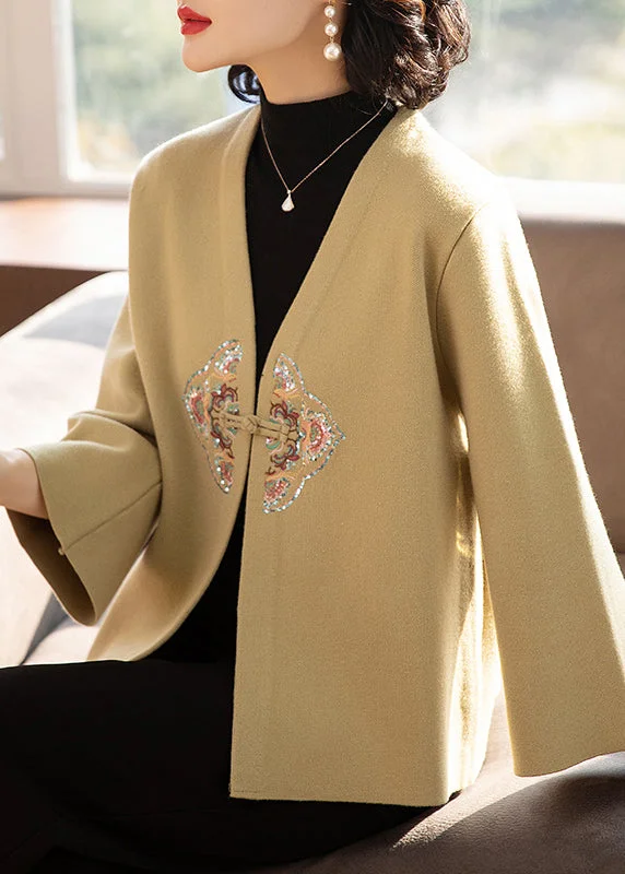 Simple Chic New Khaki V Neck Embroideried Patchwork Wool Coats Fall