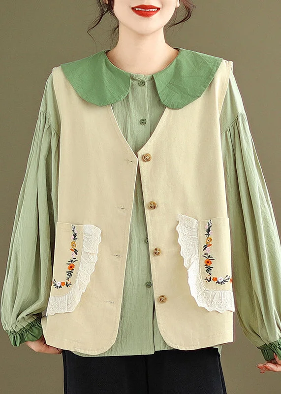 Relaxed Dresses New Khaki Waistcoat And Green Ruffled Blouses Cotton 2 Piece Outfit Fall