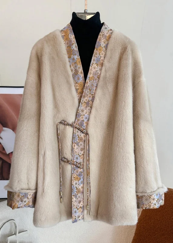 Casual Chic New Light Camel V Neck Button Patchwork Mink Hair Coats Spring