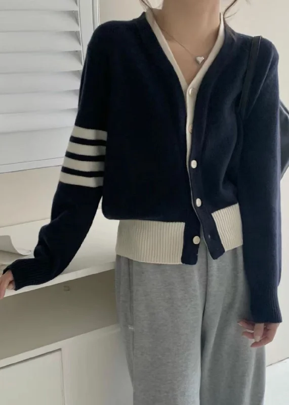 Soft Looks New Navy Button Patchwork False Two Pieces Cotton Knit Coats Fall