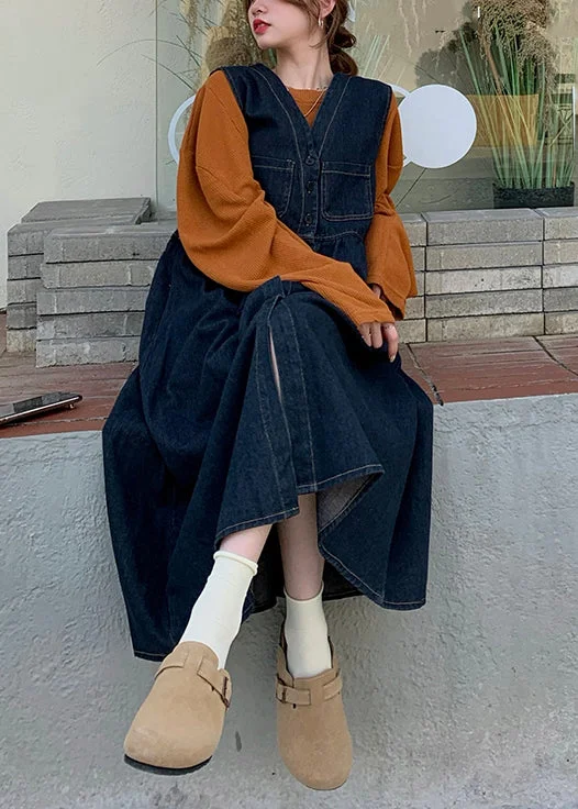Chic Relaxation New Navy Button Tops And Waistcoat Dress Denim Two Pieces Set Spring