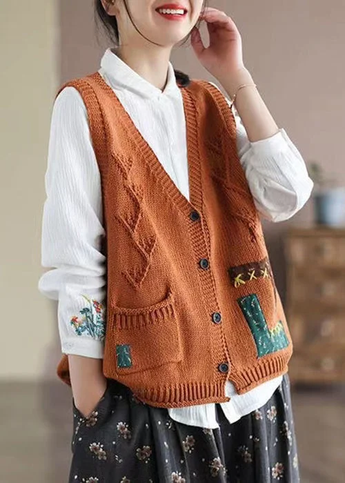 Light Comfort New Orange V Neck Button Pockets Cotton Knit Waistcoat Sleeveless