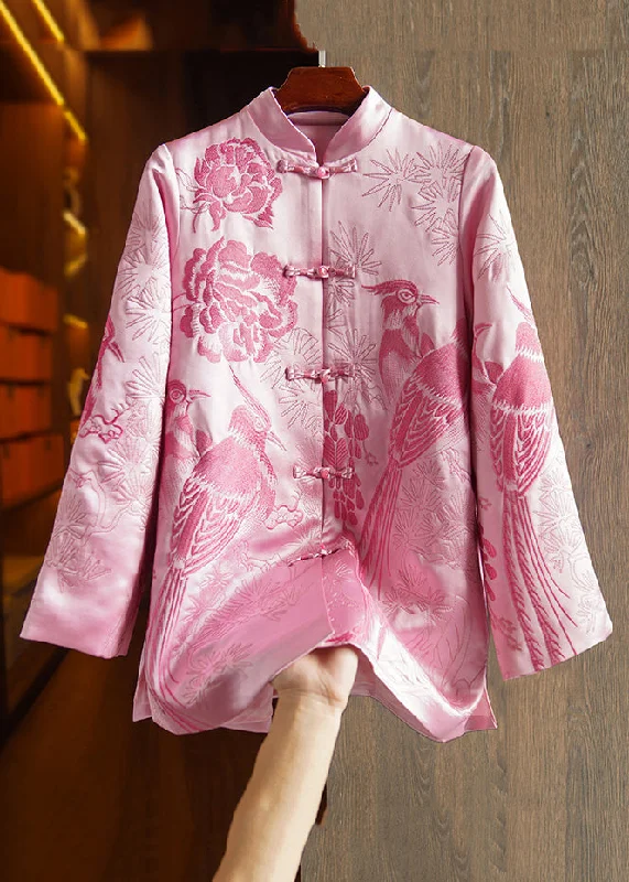 Soft Layers New Pink Embroideried Button Patchwork Silk Coats Fall