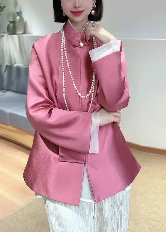 Fashion Must-have New Pink Stand Collar Button Patchwork Silk Coats Spring