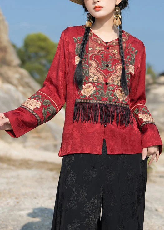 Fashion Must-have New Red Embroidered Tasseled Silk Coat Long Sleeve