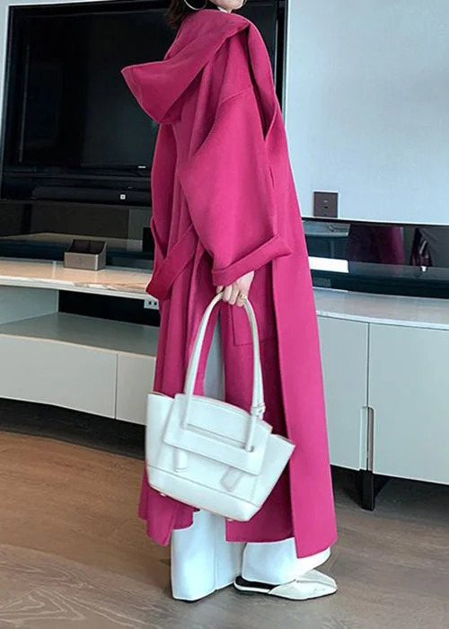 Weekend Style New Rose Hooded Pockets Tie Waist Woolen Long Coat Spring