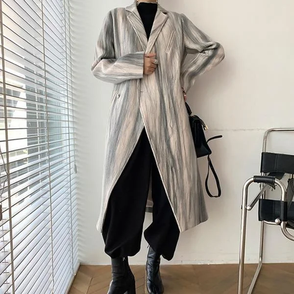 Relaxed Fits New Smoke Gray Lines Print Blend Loose Casual Women Coat Winter Fashion V Neck Collar Simplicity Single Button