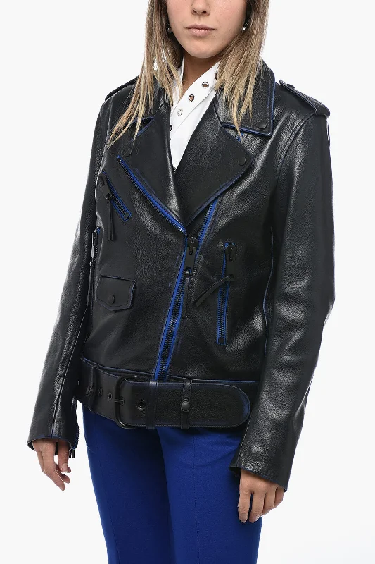 Fashion And Simplicity Off-White Leather Oversized Biker Jacket with Contrasting Trims