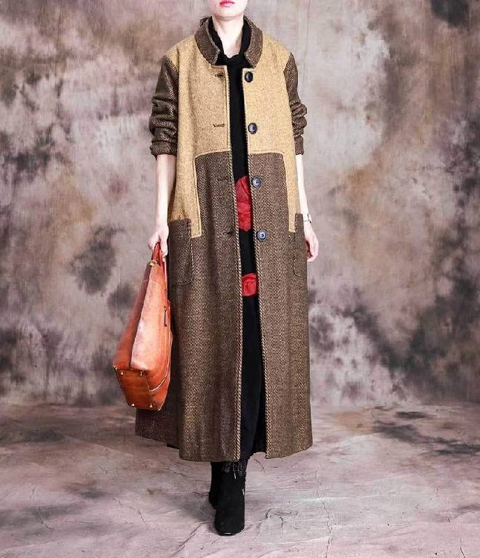 Comfortable Mind Omychic Winter Fashion Stand Collar Patchwork Long Coat Ladies