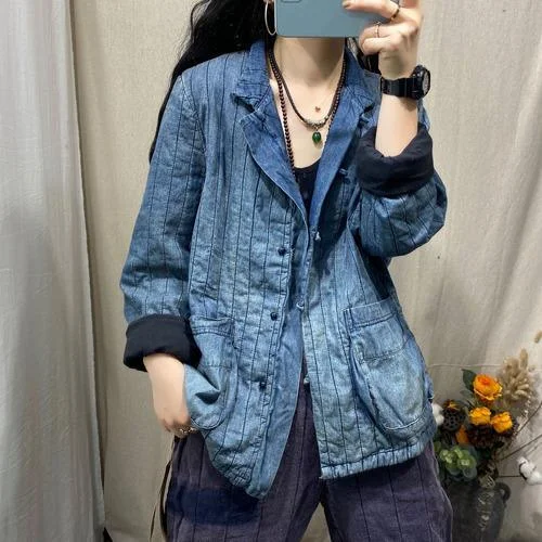 American Style Omychic Winter Stripe Retro Jackets Thin Parkas Ladies Loose Coat Female 2020 Padded Denim Coat Outerwear American Style Omychic Winter Stripe Retro Jackets Thin Parkas Ladies Loose Coat Female 2020 Padded Denim Coat Outerwear