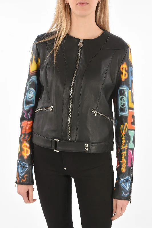Luxury Style Philipp Plein COUTURE Leather Jacket GRAFFITI with Printed Sleeves