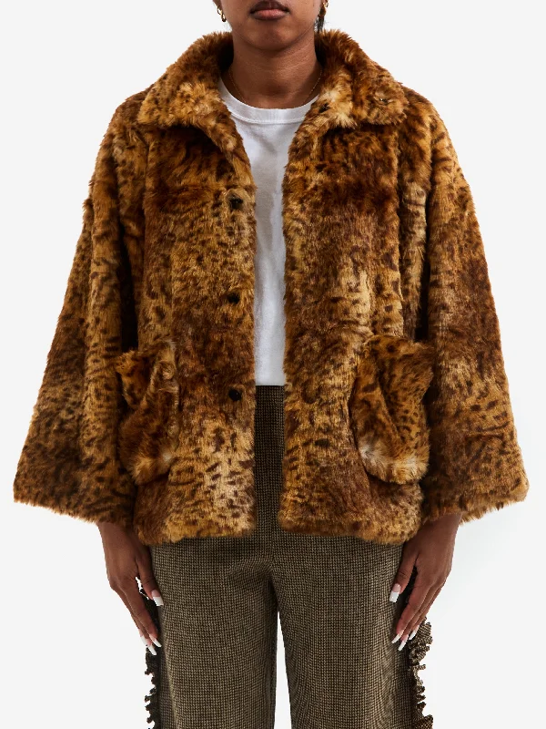 Fashionable And Versatile RhodolirioN Eco Fur Stand Up Collar Coat - Leopard