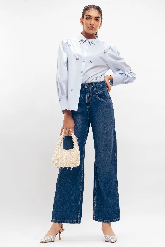 French Style Blue Fish Cut Straight Jeans