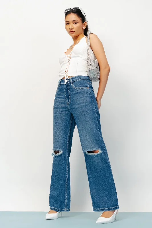 Casual Chic Looks Box Ripped Wide Jeans