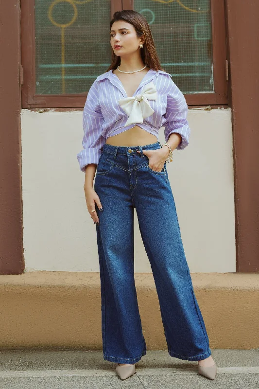 Simple Elegance Cityscape Dark Blue Straight Fit Jeans