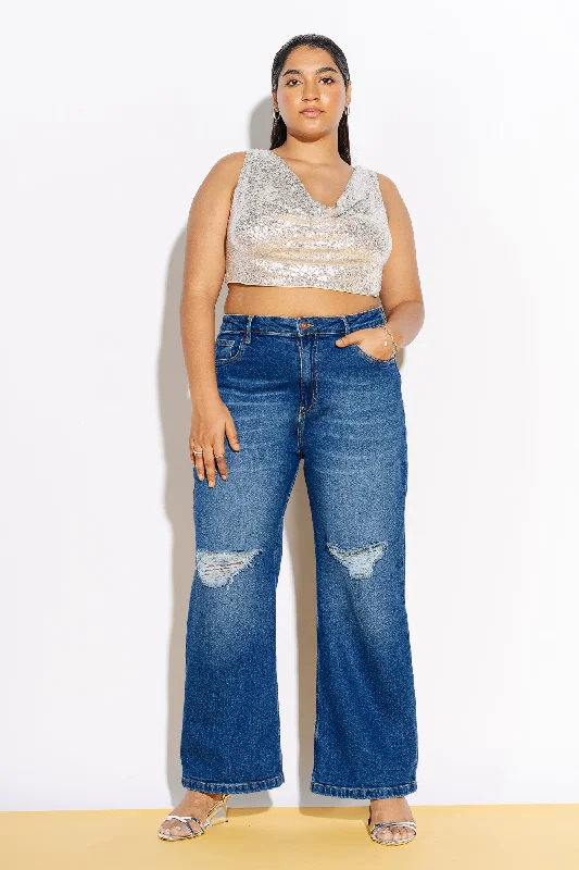 Casual Elegance Curve Knee Ripped Wide Leg Jeans