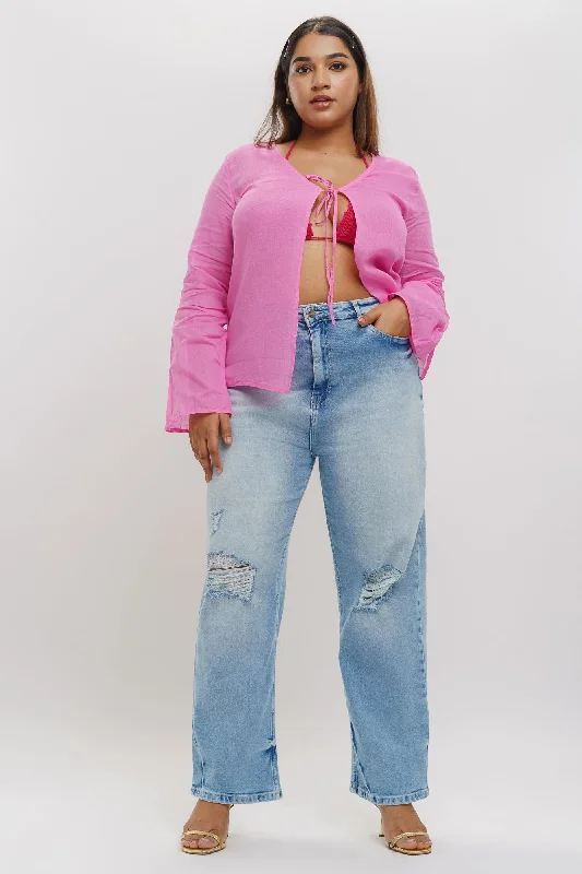 Trendy Items Curve Light Wash Distressed Straight Jeans