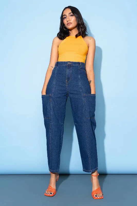 Soft Fabric Looks Dark Blue Baggy Jeans With Side Pockets