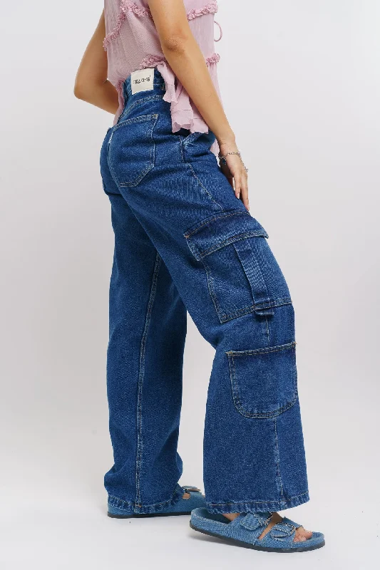 Casual Style Dense Blue Side Pocket Cargo Jeans