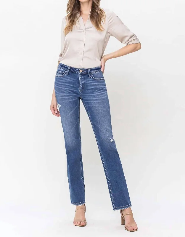 Elegant Design Distressed Straight Jean In Midwash Blue