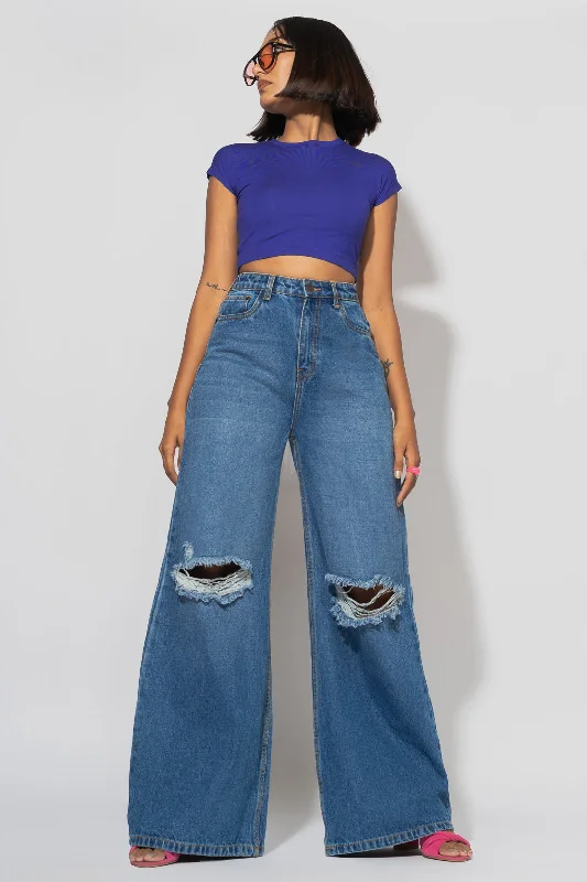 New Design Blue Distressed Wide Flare Jeans