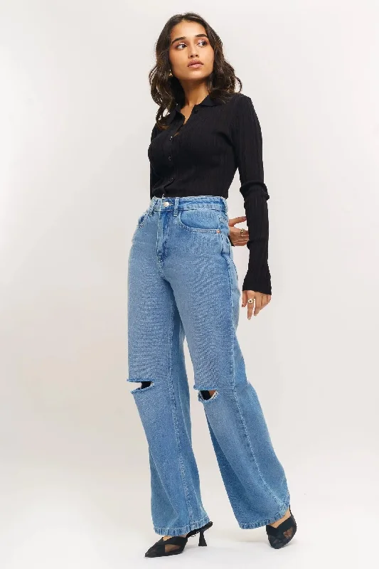 Lazy Style Glacial Blue Distressed Straight Fit Jeans