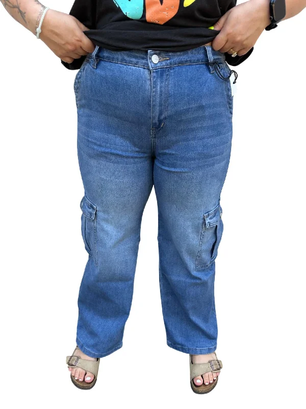 American Style High Rise Cargo Jean In Med Blue